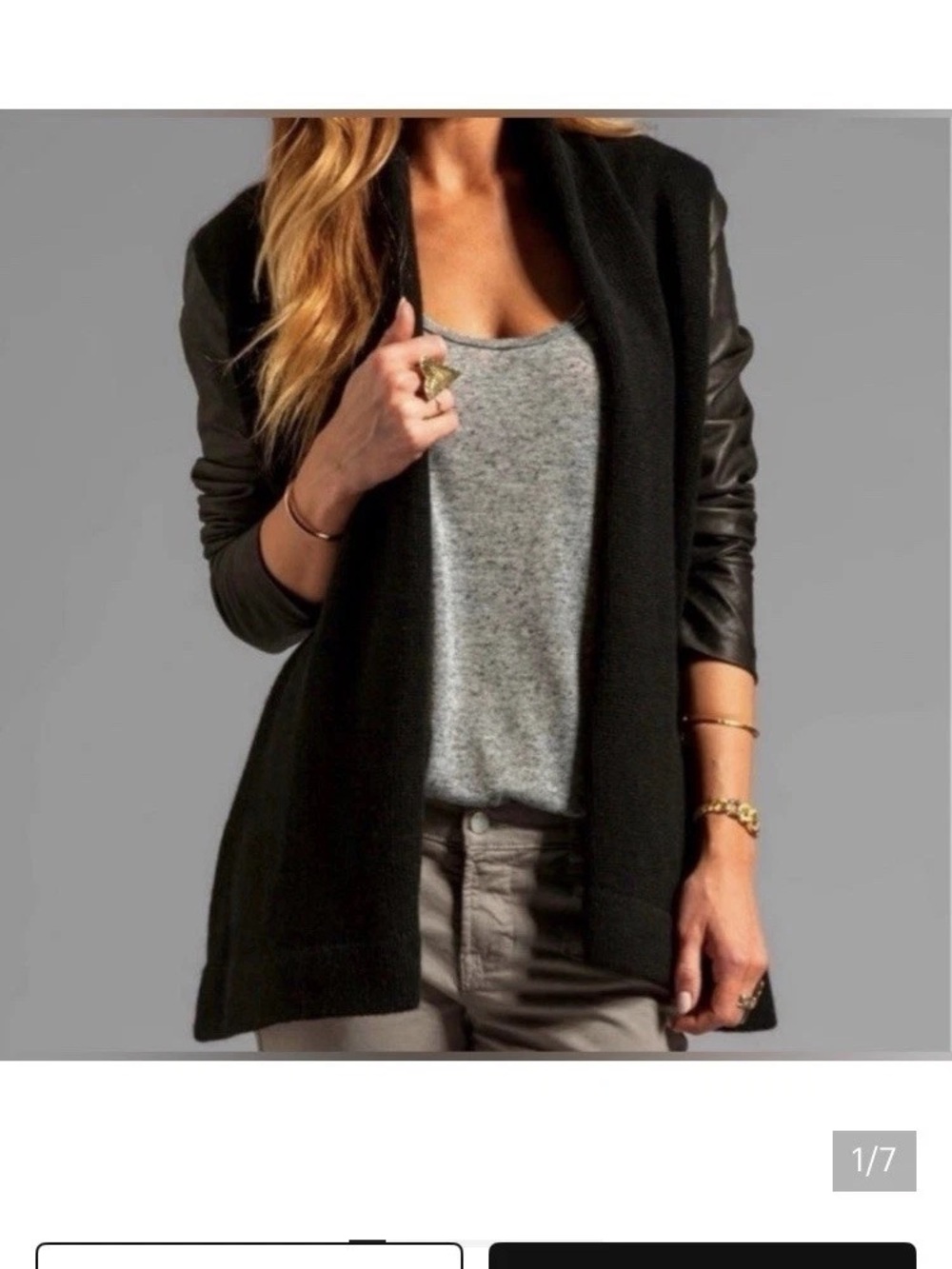 Vince Yak Wool Knit Lamb Leather Sleeves Shawl Drape Cardigan Sweater size S